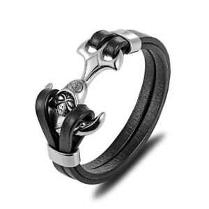 【送料無料】ジュエリー・アクセサリー アンカースカルステンレススチールメンズレザーゴールドシルバーブレスレットanchor skull stainless steel mens genuine leather braided gold silver bracelet