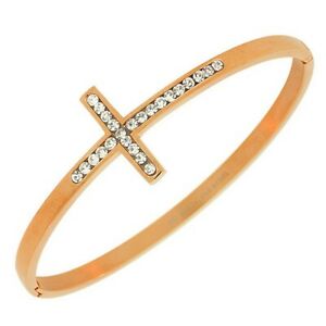 ジュエリー・アクセサリー ローズトンゴールデンクロスクリスタルブレスレットacier inoxydable rose ton dore religieux croix cristaux femmes bracelet