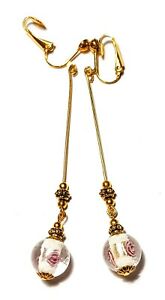 【送料無料】ジュエリー・アクセサリー クリップイヤーハンギングバラガラスパールシックドロップtres longue or rose blanc avec clip oreilles goutte pendantes verre perles chic