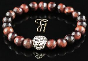 ジュエリー・アクセサリー レッドタイガーアイシルバーライオンヘッドパールブレスレットoeil de tigre rouge argente tete de lion bracelet de perles 8mm