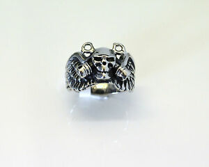 【送料無料】ジュエリー・アクセサリー スチールリングステンレスピストンバイカーカスタムパンクbague acier inox tete de mort ailes et pistons , bikers, custom,punk, metal
