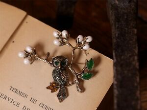 ̵ۥ奨꡼꡼ ԥ󥴡ɥ꡼󥹥ȥ饹ѡեꥸʥbroche pin dore jaune vert email strass perle hibou oiseau branche original xz6