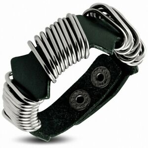 【送料無料】ジュエリー・アクセサリー ダークグリーンレザーリングリアルレザープレッシャーブレスレットbracelet pression en cuir veritable a anneaux en cuir vert fonce