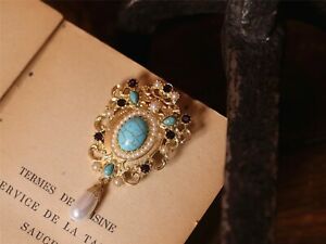 ̵ۥ奨꡼꡼ ԥ󥢡ǥǥ졼ѡɥåץۥ磻ȥƥȥbroche pin art deco dore turquoise dentelle perle goutte larme blanc retro xz4