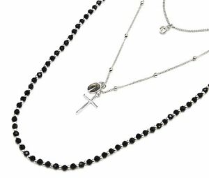 ジュエリー・アクセサリー ブラックパールクロスマルチローシルバーメタルチェーンネックレスcc2110d collier multirangs chaines metal argente avec perles noires, croix