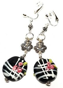 【送料無料】ジュエリー・アクセサリー ロングシルバーブラックローズクリップハンギングガラスパールジプシーlongue argent noir rose avec clip oreilles goutte pendantes verre perle gypsy