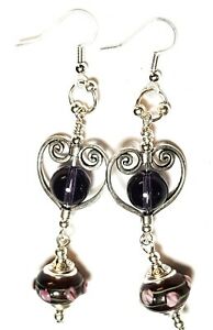 ジュエリー・アクセサリー バイオレットガラスハンギングハートペルセフックtres longue argent violet oreilles verre perle goutte pendantes coeur perce hook