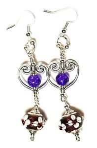 ジュエリー・アクセサリー バイオレットガラスハンギングハートペルセフックtres longue argent violet oreilles verre perle goutte pendantes c?ur perce hooks