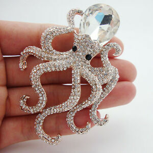 ジュエリー・アクセサリー クラシックタコラインストーンイエローゴールドトーンペンダントブローチclassic ornate octopus white crystal rhinestones yellow goldtone pendant brooch