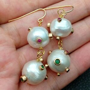 ジュエリー・アクセサリー ホワイトケシパールゴールドメッキフックイヤリングcultured 12mm white keshi pearl cz pave gold plated hook earrings