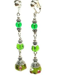 【送料無料】ジュエリー・アクセサリー ロングシルバーグリーンローズクリップイヤーズパールグラスドロップペンダントジプシーlongue argent vert amp; rose avec clip oreilles verre perle goutte pendantes gyps