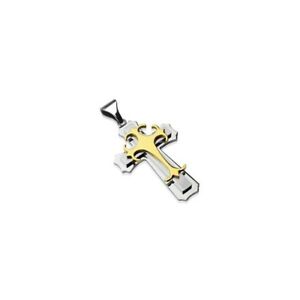 【送料無料】ジュエリー・アクセサリー ゴシックダブルクロスペンダントステンレスメッキpendentif double croix gothique acier inoxydable plaque or