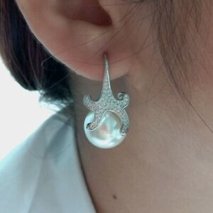 ジュエリー・アクセサリー ヒトデホワイトゴールドメッキフックイヤリング14mm white sea shell pearl starfish cz white gold plated hook earrings