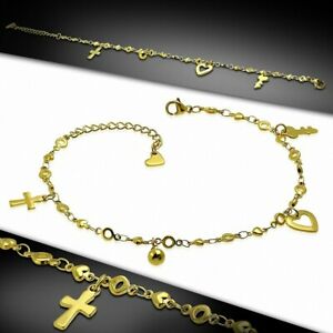 ジュエリー・アクセサリー クロスハートチャームゴールデンスチールアンクルブレスレットbracelet de cheville en acier dore avec charms c?ur croix