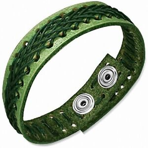 ジュエリー・アクセサリー グリーンレザークロスクリップストラップbracelet a agrafes croisees en veritable cuir vert tisse