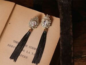 ジュエリー・アクセサリー イヤリングブラックロングクラウンアールデコレトロboucles doreilles clous tassel noir long couronne art deco retro a7