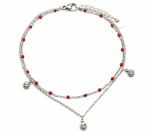 ̵ۥ奨꡼꡼ ֥륷Сߥ˥åɥѡ㡼ch65e double chaine cheville acier argente et mini perles rouges avec charm