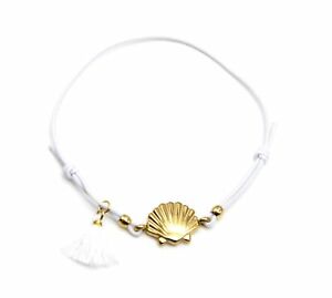 ジュエリー・アクセサリー ホワイトブレスレットチャームゴールデンスチールシェルポンポンbc3528f bracelet elastique blanc avec charm coquillage acier dore et pompon