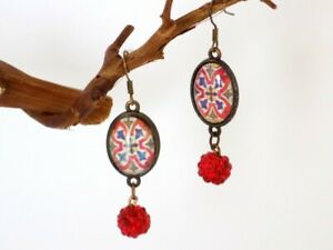 【送料無料】ジュエリー アクセサリー ブロンズカボションオーバルステンドグラスリングパールレッドラインストーンboucles bronze cabochon ovale vitrail perle strass rouges