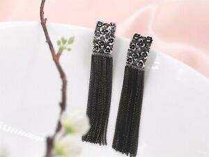 ジュエリー・アクセサリー イヤリングシルバークリュスクエアフリンジポンポンブラックロングヴィンテージboucles doreilles clous argente carre fringe pompon noir long vintage xx 10