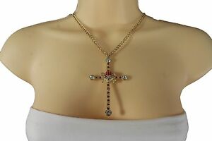 ジュエリー・アクセサリー ゴールデンメタルジュエリーゴシックファッションカルfemme collier metal dore chaines gothique mode religieux red croix crane pendant