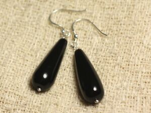 ジュエリー・アクセサリー シルバーイヤリングブラックロングドロップboucles doreilles argent 925 onyx noir longues gouttes 30x10mm