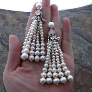 ジュエリー・アクセサリー ホワイトパールタッセルパヴェスイヤリングバレンタインデーwhite pearl tassel cz pave earrings valentines day gift free shipping