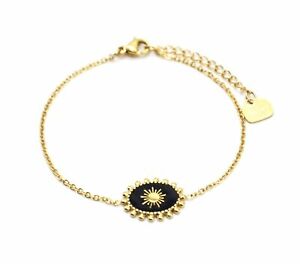 ジュエリー・アクセサリー ブラックサンモチーフスチールボールブレスレットbc3837f bracelet avec ovale email noir motif soleil et contour billes acier