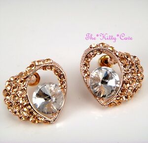 ジュエリー・アクセサリー ゴールドメッキローズダーリングハートラブシックイヤリングスワロフスキークリスタルplaque or rose cherie c?ur amour chic boucles doreilles avec cristaux swarovski