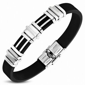 【送料無料】ジュエリー・アクセサリー ステンレススチールゴムストラップbracelet en caoutchouc noir avec montre geometrique en acier inoxydable a