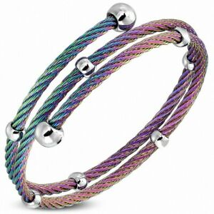 ジュエリー・アクセサリー マルチビーズステンレスカフブレスレットbracelet manchette en fil torsade en acier inoxydable anodise avec perles multic