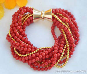 ̵ۥ奨꡼꡼ åɥ饦ɥ르ɥӡޥͥåȥ֥쥹åz5766 14row 8 4mm red round coral gold bead bracelet magnet