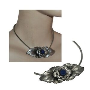 ̵ۥ奨꡼꡼ ơͥå顼åԥ饺collier ras de cou vintage plaque argent feuille fleur lapis lazuli 38cm bijou