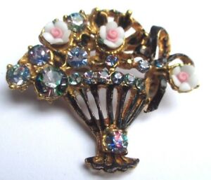 【送料無料】ジュエリー・アクセサリー ゴールドゴールドゴールドバスケットバスケットエナメルbroche bijou vintage couleur or panier fleur porcelaine cristaux email 1882