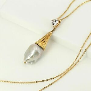 【送料無料】ジュエリー・アクセサリー ハンギングジャンパーネックレスパーレバロックビッグドロップメッキゴールドcollier sautoir pendantif perle culture baroque 2 gros goutte plaque or cz yd