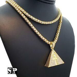 【送料無料】ジュエリー・アクセサリー ヒップホップアイスエジプトピラミッドアンクテニスチェーンネックレスセット