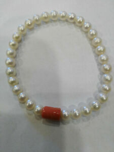 【送料無料】ジュエリー・アクセサリー サンゴパールブレスレットbracciale di perle mm 6,5 con corallo rosso centrale, nuovo