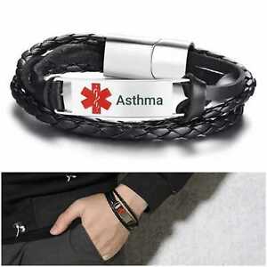 【送料無料】ジュエリー・アクセサリー ステンレススチールトーンシルバーブレスレットasma asmatico braccialetti medici in pelle in acciaio inox tono argento(4)
