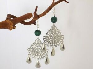 ジュエリー・アクセサリー ブークルアルジェンテエヴェンテールグートパールマラカイトヴェルテboucles argentees eventail 3 gouttes perle malachite verte