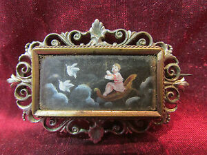 yzWG[EANZT[ AAVGku[VGvbeB`[_OAVFJhTlbTXrare ancienne broche ep 19 eme putti char colombe gouache cadre st renaissance