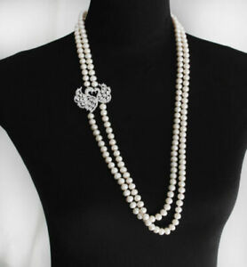 【送料無料】ジュエリー・アクセサリー コリアーミロングパールカルチャープレートプラケブランジルコンシグネレトロcollier mi long perle culture plate 89mm plaque or blanc zircon cygne retro tz9