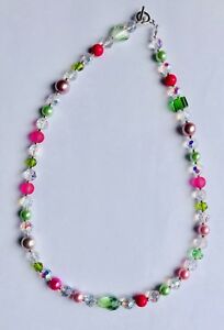 ジュエリー・アクセサリー ゴージャスピンクペリドットグリーンホワイトクリスタルグラスパールネックレスsplendido rosa peridot verde amp; bianco cristallo collana di perle di vetro