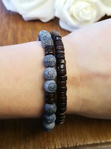 hokushinの【送料無料】ジュエリー・アクセサリー スタックブレスレットマンラージブラウンココナッツウッドサテンウッドグレーナチュラルアゲート2 braccialetti impilabile uomo grande marrone noce di cocco legno satinato gr｜アングル2