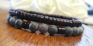 hokushinの【送料無料】ジュエリー・アクセサリー スタックブレスレットマンラージブラウンココナッツウッドサテンウッドグレーナチュラルアゲート2 braccialetti impilabile uomo grande marrone noce di cocco legno satinato gr｜アングル3