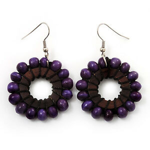 【送料無料】ジュエリー・アクセサリー パープルウッドビーズフープドロップイヤリングシルバートーンメタルドロップpurple wood bead hoop drop earrings silver tone metal 55cm drop(4)