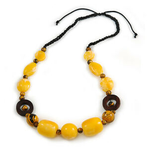 【送料無料】ジュエリー・アクセサリー イエローレジンロープネックレスビーズresina giallo, perline in legno con collana nero corda cotone 64cm l