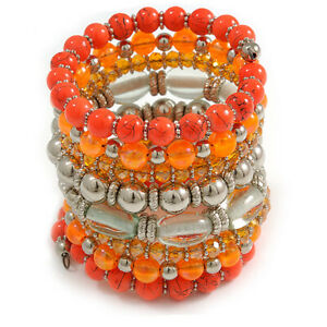 【送料無料】ジュエリー・アクセサリー ワイドセラミックスパイラルアクリルガラスパールブレスレットオレンジシルバートランスペアレントampia a spirale in ceramica, vetro acrilico, bracciale di perle arancione, a