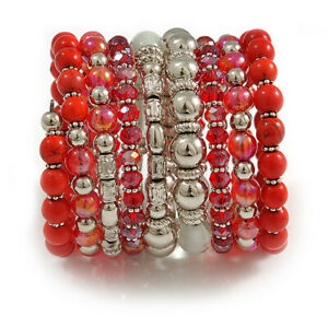 【送料無料】ジュエリー・アクセサリー ラージセラミックスパイラルアクリルガラスパールブレスレットレッドシルバートランスペアレントampia a spirale in ceramica, vetro acrilico, bracciale di perle rosso, argent