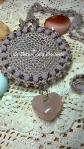 ̵ۥ奨꡼꡼ ӥ塼ͥå쥹ꥹԥ󥯥ĥϡȥڥcollana bijoux crochet uncinetto 96 cristalli sw ciondolo cuore quarzo rosa