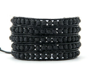 ジュエリー・アクセサリー ブラックラップメンズレザービーズブレスレットスレッドストーンブレスレットroccia naturale lava stone bracciale con perline wrap nero mens leather bracciale 5 fi